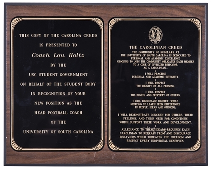 1999 "The Carolinian Creed" Plaque Presented To Lou Holtz As New Head Football Coach (Holtz LOA)